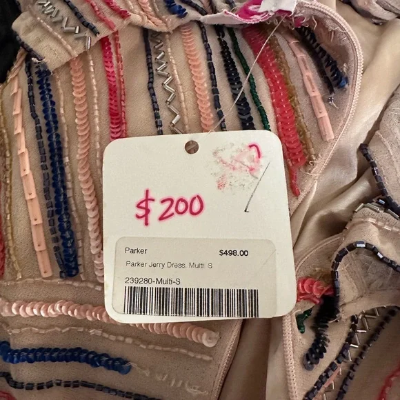 $498 Parker Jerry Dress Size small cold shoulder Draped sleeve beaded dress - Picture 5 of 16